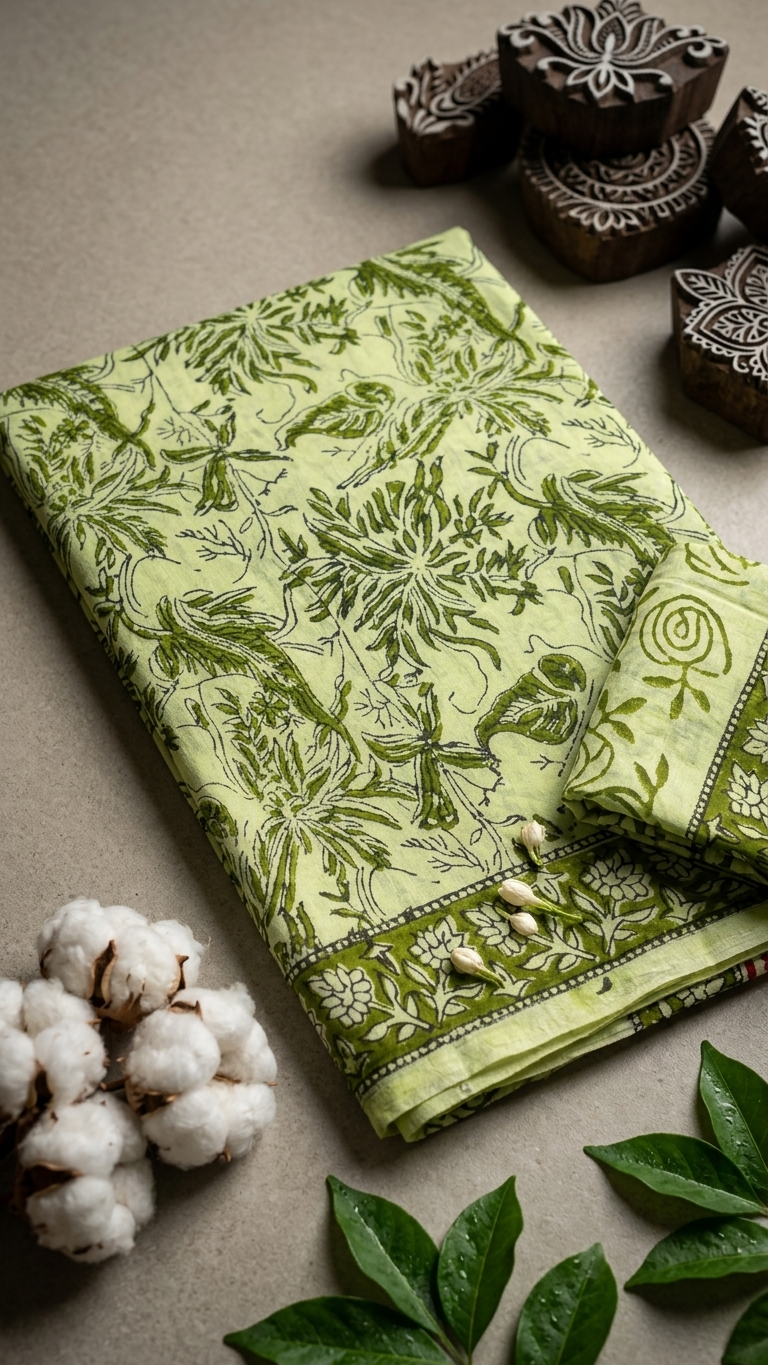 Light Green Floral Handblock Printed Cotton Saree with Contrast Border