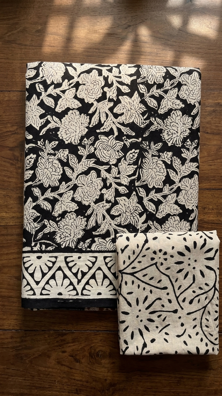 Black Floral Handblock Printed Cotton Saree with Ivory Border