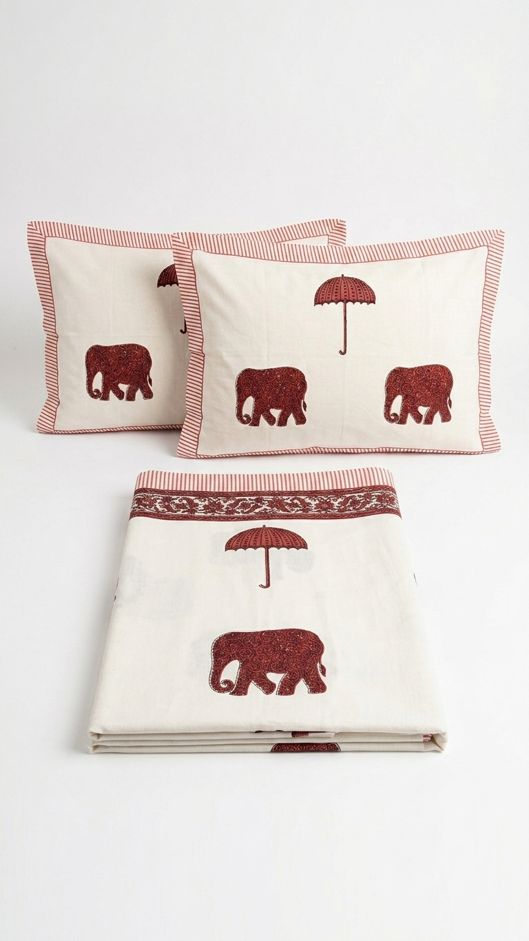 Ivory Red Elephant Bliss Cotton Bedsheet Set