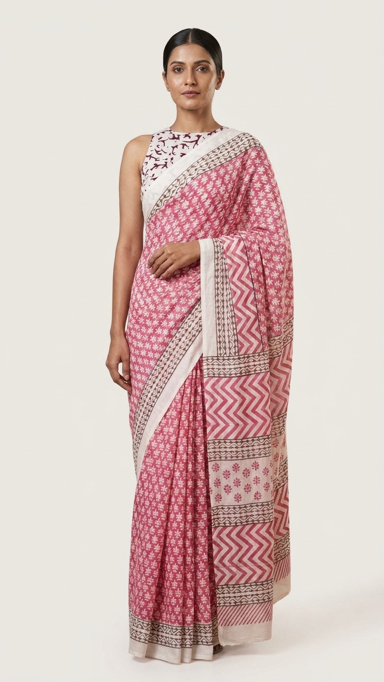Hand Block Print Cotton Saree in Rose Pink