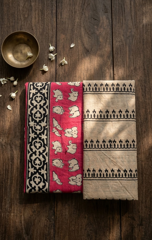 Pink Elephant Print Cotton Saree with Black Contrast Border