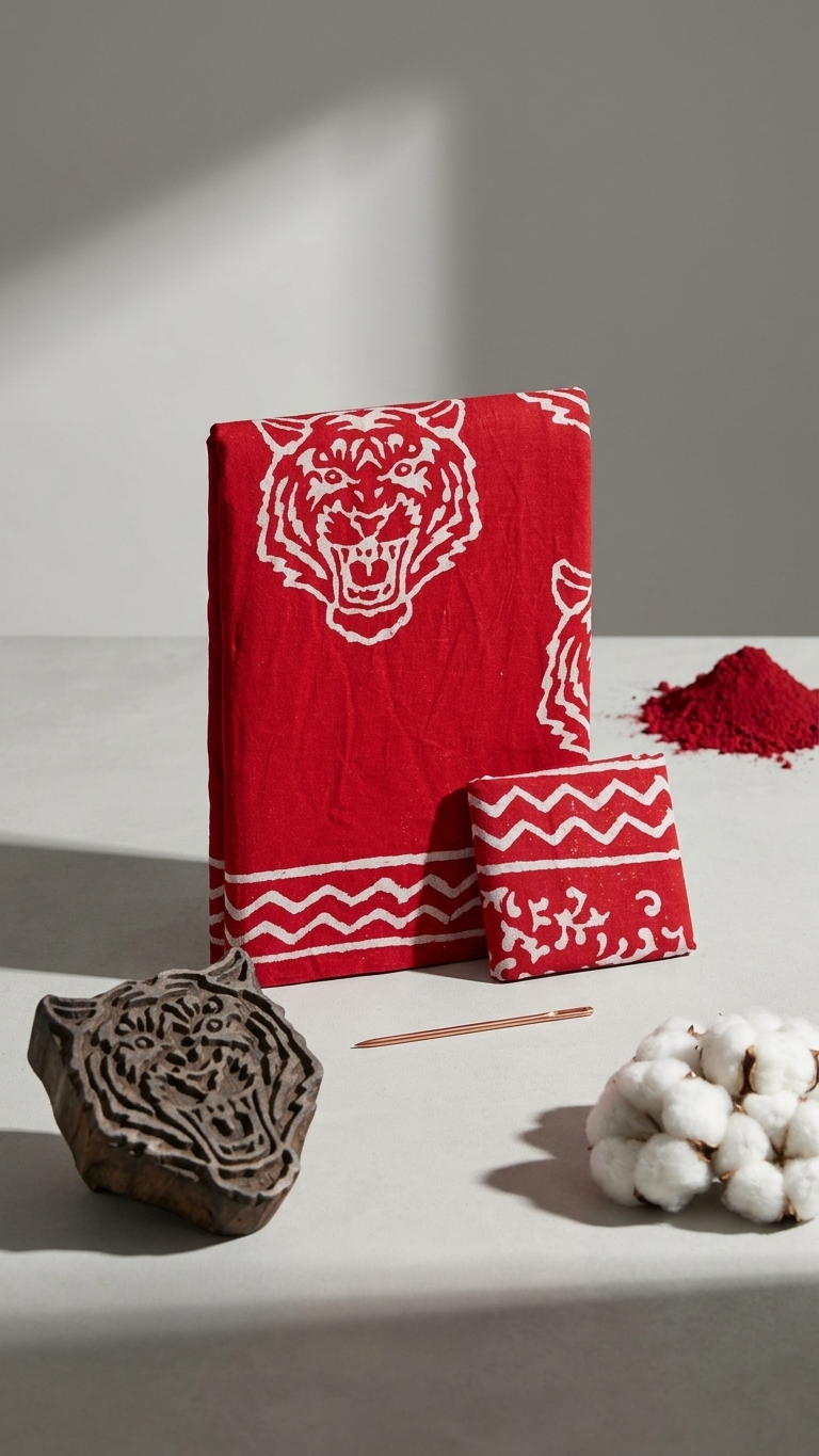 Red Handblock Printed Cotton Saree with White Tiger Motif