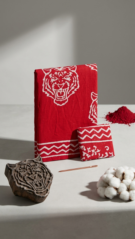 Red Handblock Printed Cotton Saree with White Tiger Motif