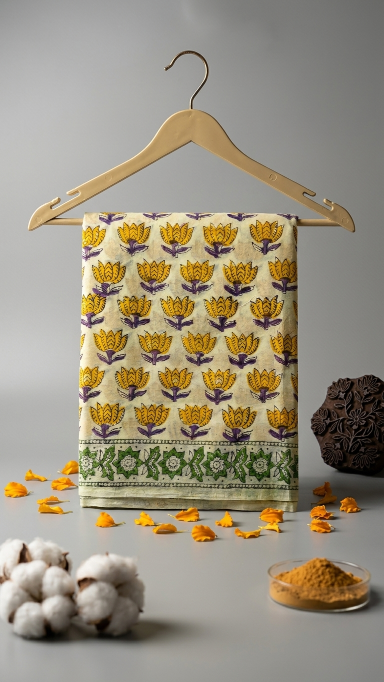 Ivory Yellow Floral Handblock Printed Cotton Saree with Green Border