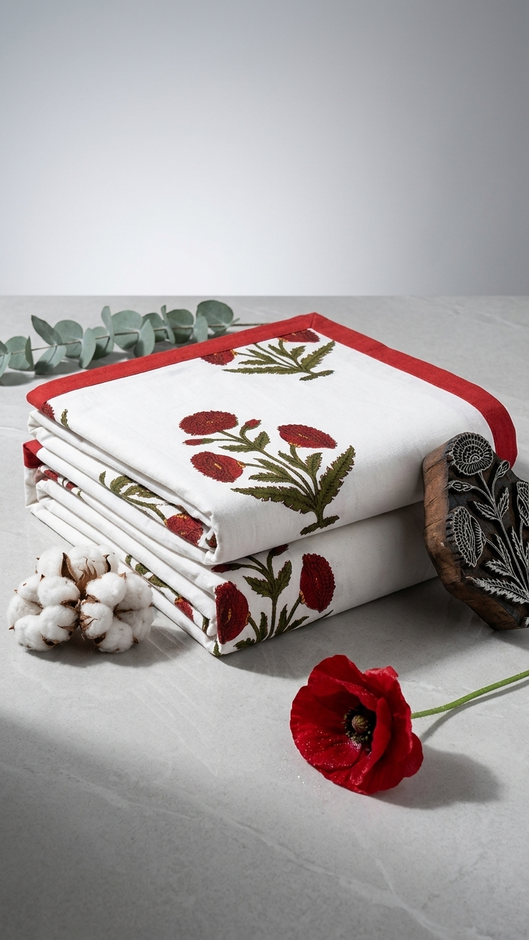 Red Marigold Block Print Cotton Bedsheet Set