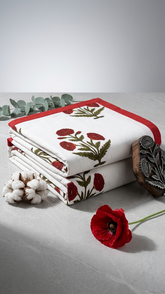 Red Marigold Block Print Cotton Bedsheet Set