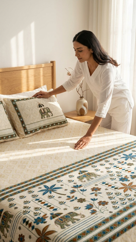 Royal Elephant Block Print Cotton Bedsheet Set