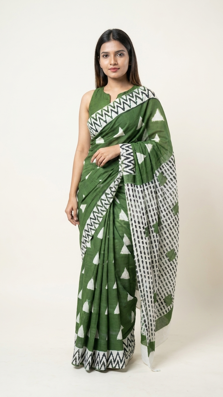 Forest Green Hand Block Printed Cotton Saree