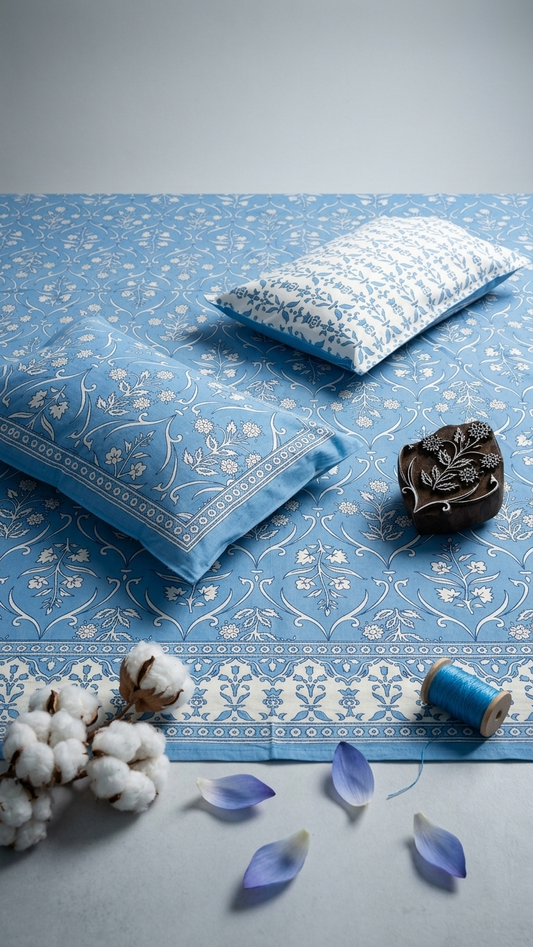 Blue & White Jaal Block Print Cotton Bedsheet Set