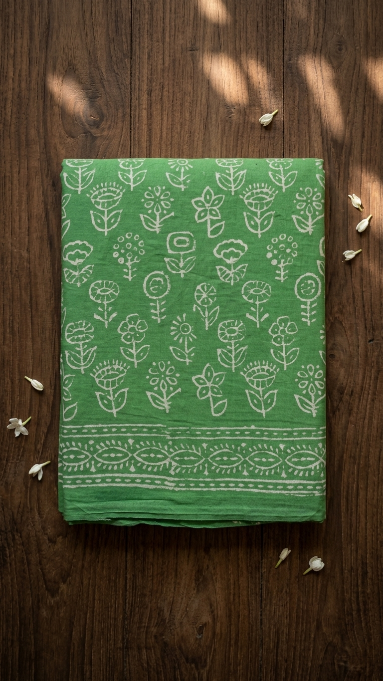 Pastel Green Handblock Printed Cotton Saree with White Floral Motifs