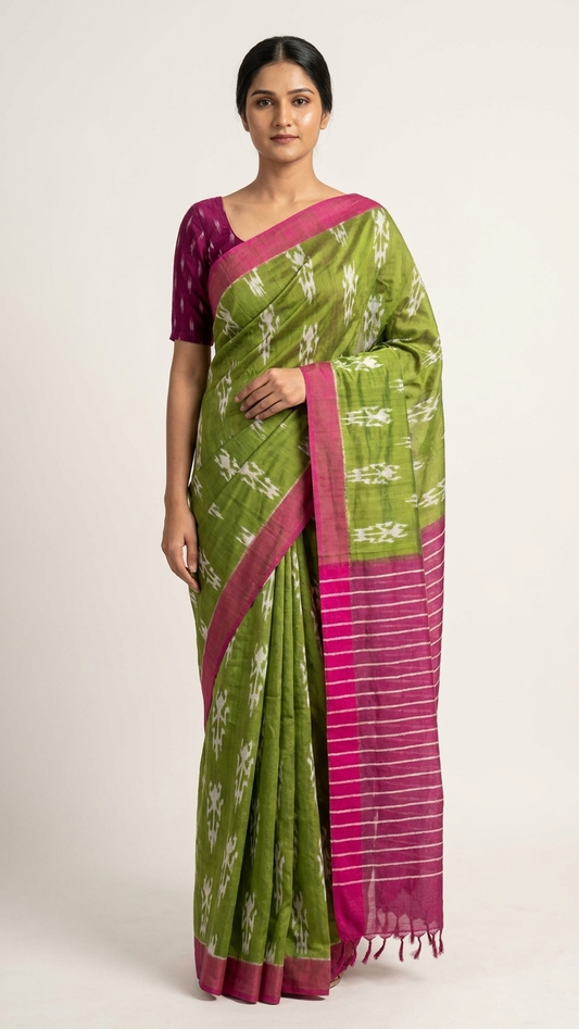 Olive Green Ikat Cotton Saree