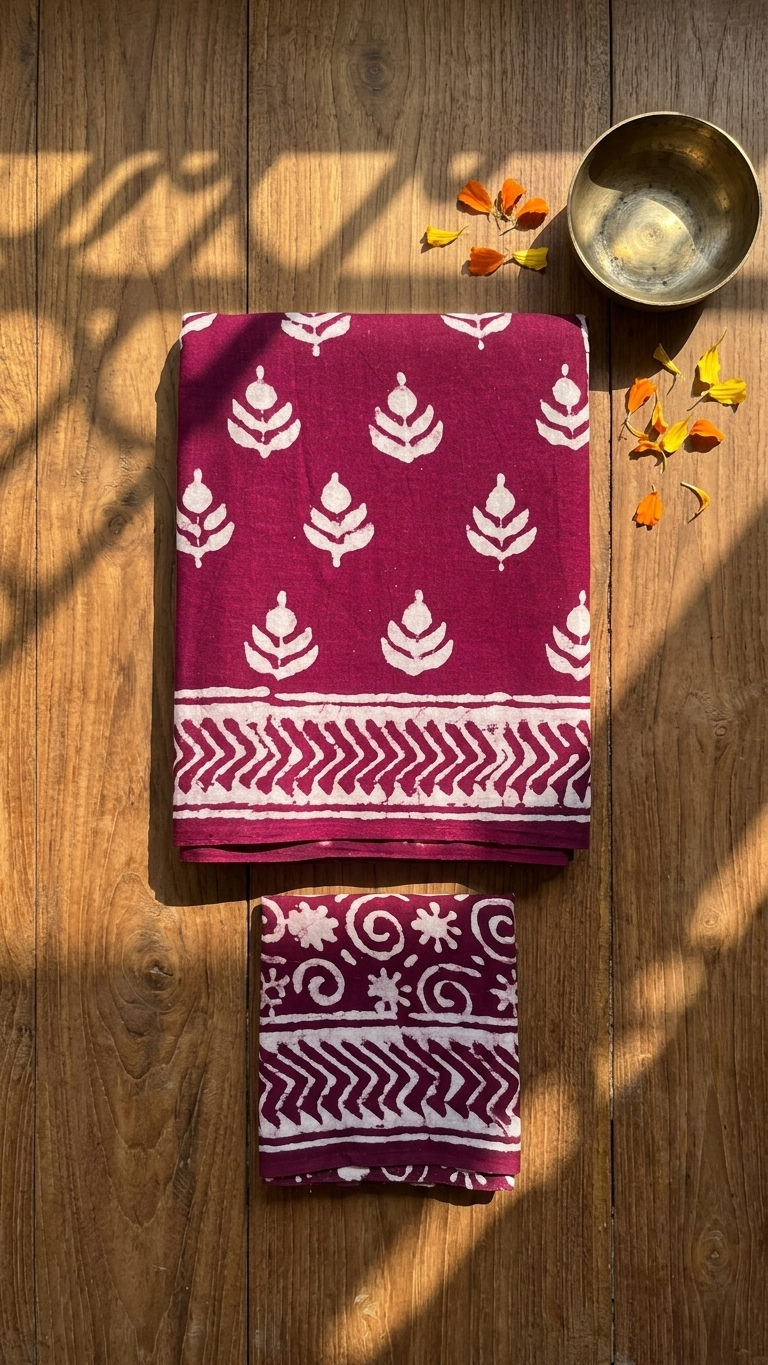 Magenta Handblock Printed Cotton Saree with White Motifs