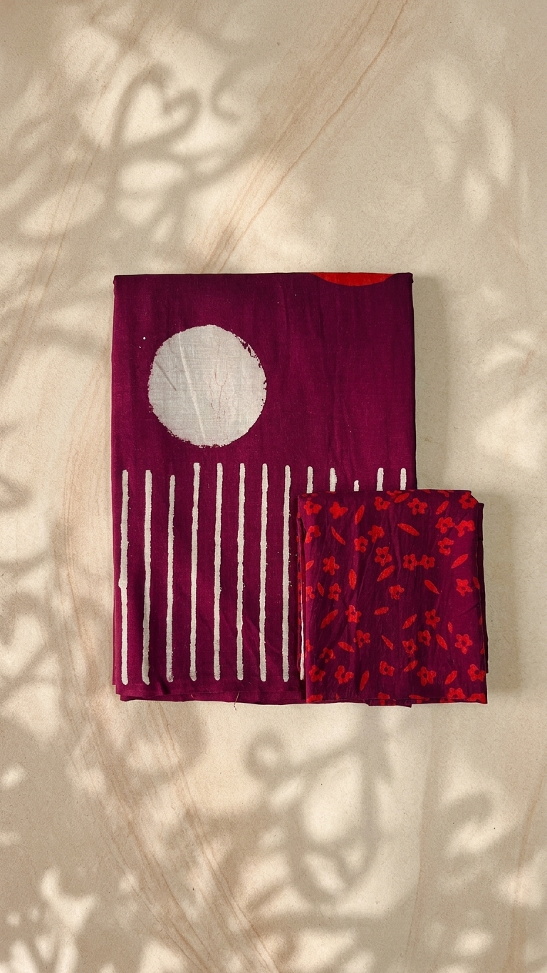 Magenta Handblock Printed Cotton Saree with Abstract Stripe Pallu