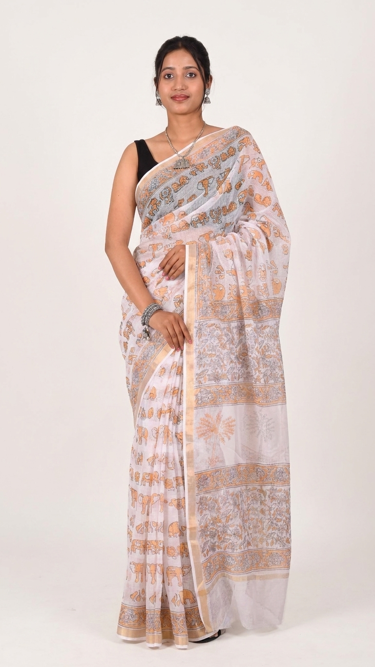 Hand Block Print Kota Doria Saree in White – Elephant Procession & Wildlife Motifs in Saffron & Grey