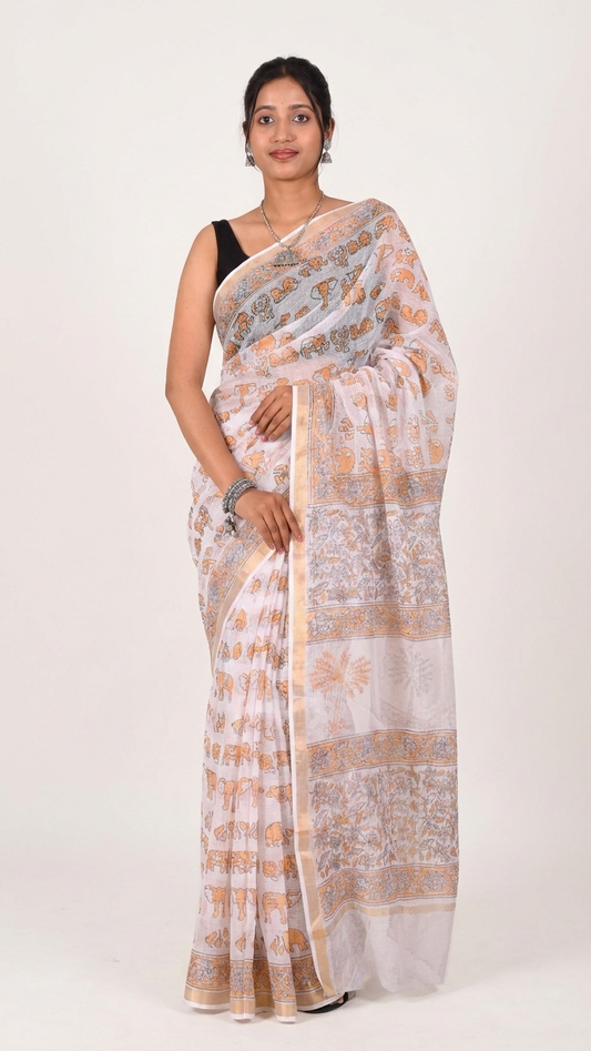 Hand Block Print Kota Doria Saree in White – Elephant Procession & Wildlife Motifs in Saffron & Grey