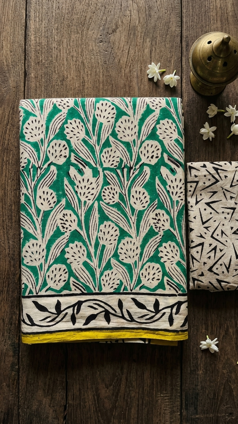 Emerald Green Floral Handblock Printed Cotton Saree with Yellow Border