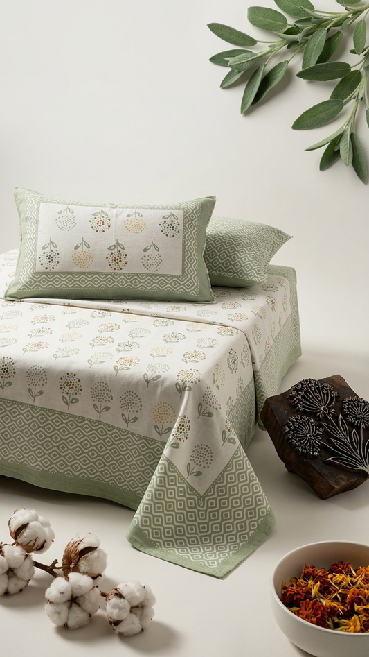 Sage Green Dotted Floral Block Print Cotton Bedsheet Set