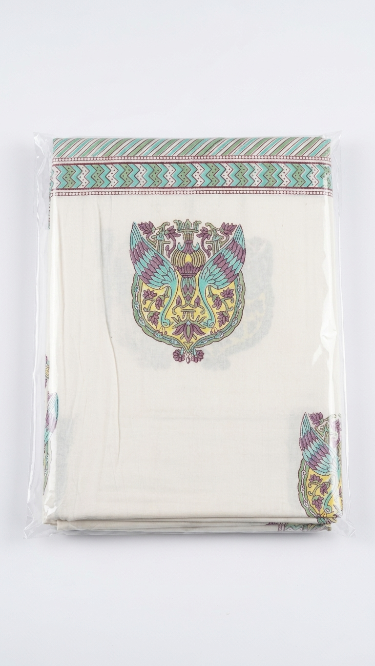 Ivory Aqua & Mauve Peacock Motif Cotton Bedsheet Set