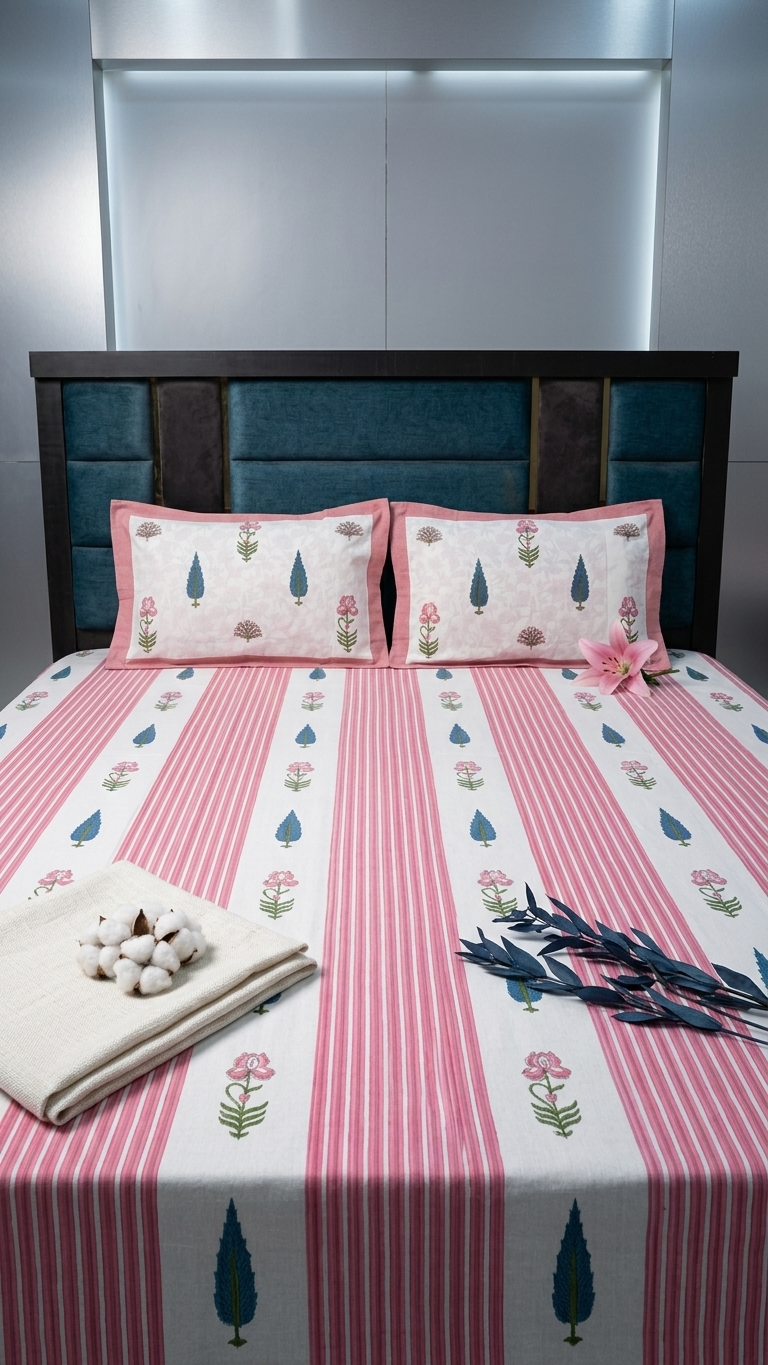 Pink Stripe Floral Block Print Cotton Bedsheet Set