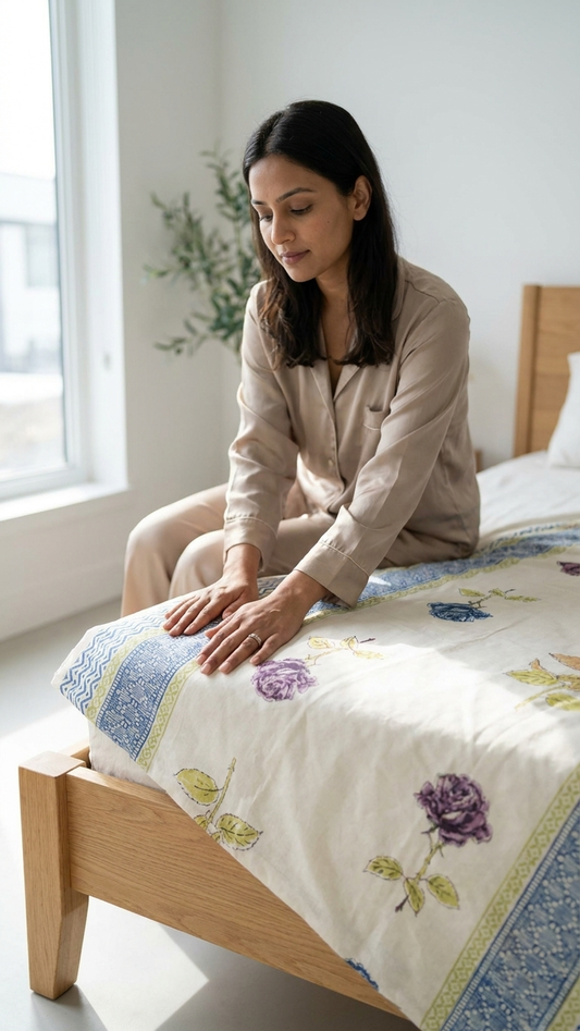 Scattered Rose Block Print Cotton Bedsheet