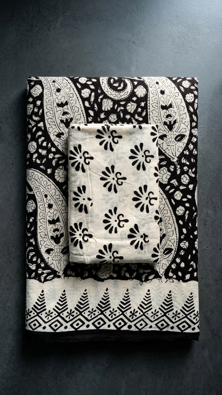 Black Paisley Handblock Printed Cotton Saree with Ivory Border