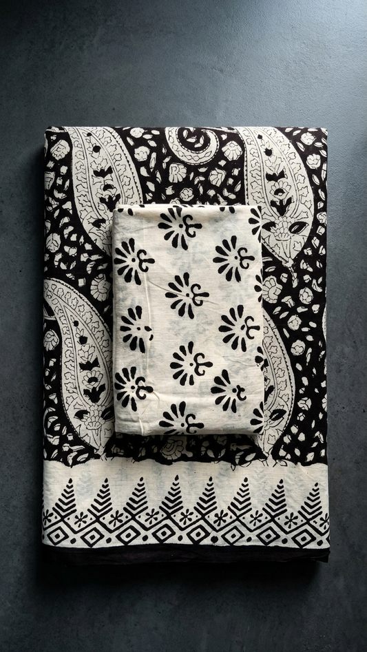Black Paisley Handblock Printed Cotton Saree with Ivory Border
