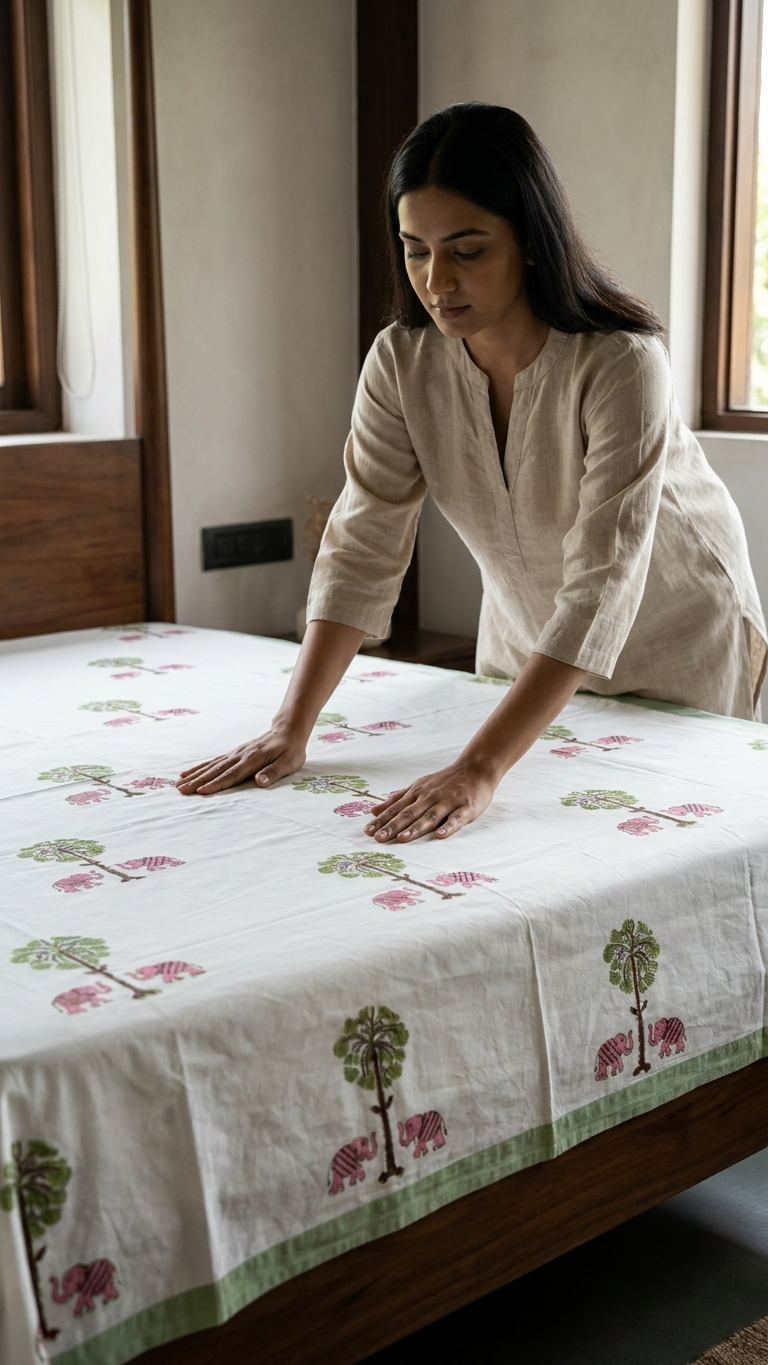 Ivory Block Print Cotton Saree with Elephant & Floral Motifs | Hand Block Printed | Green Border