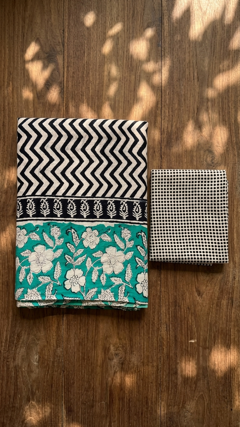 Teal Floral Handblock Printed Cotton Saree with Chevron Border