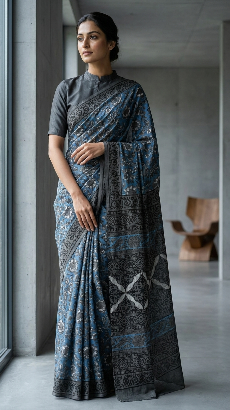 Steel Blue Floral Print Mul Cotton Saree
