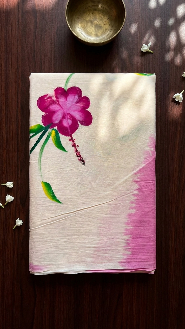 Ivory & Pink Floral Printed Cotton Saree with Contrast Blouse