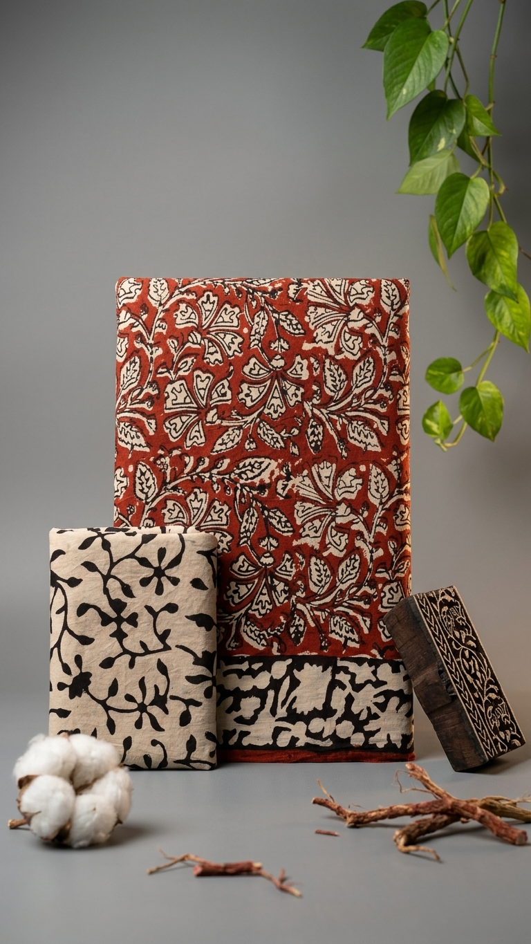 Rust Brown Handblock Printed Cotton Saree with Floral Border