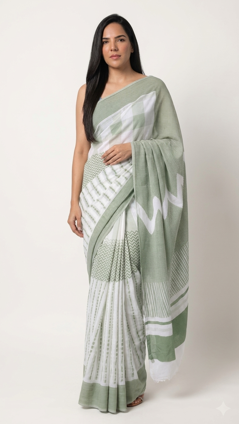 Sage Green & White Hand Block Printed Cotton Saree | Shibori Chevron & Geometric Stripe Print