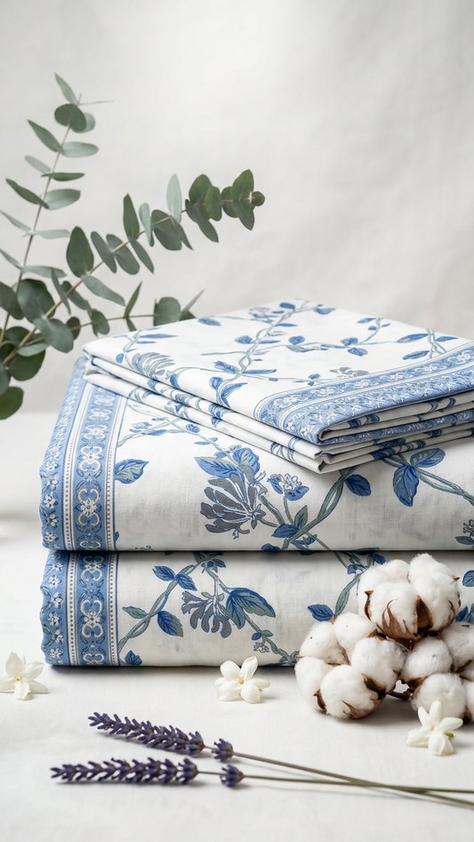 Blue Floral Block Print Bedsheet Set