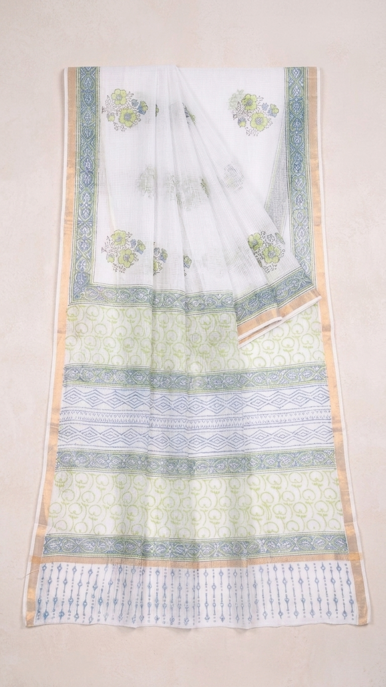 Off-White Hand Block Printed Kota Saree