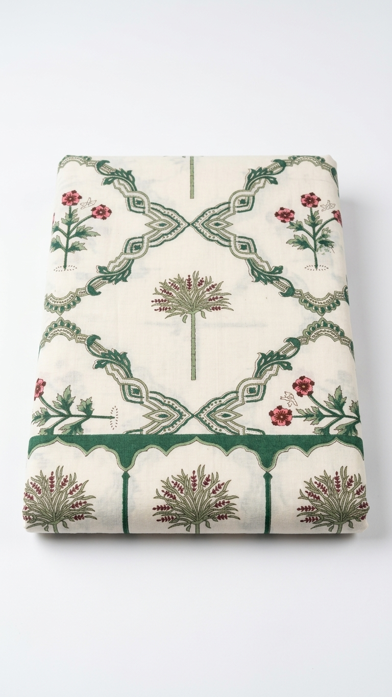 Ivory Emerald & Rose Floral Medallion Print Cotton Bedsheet Set