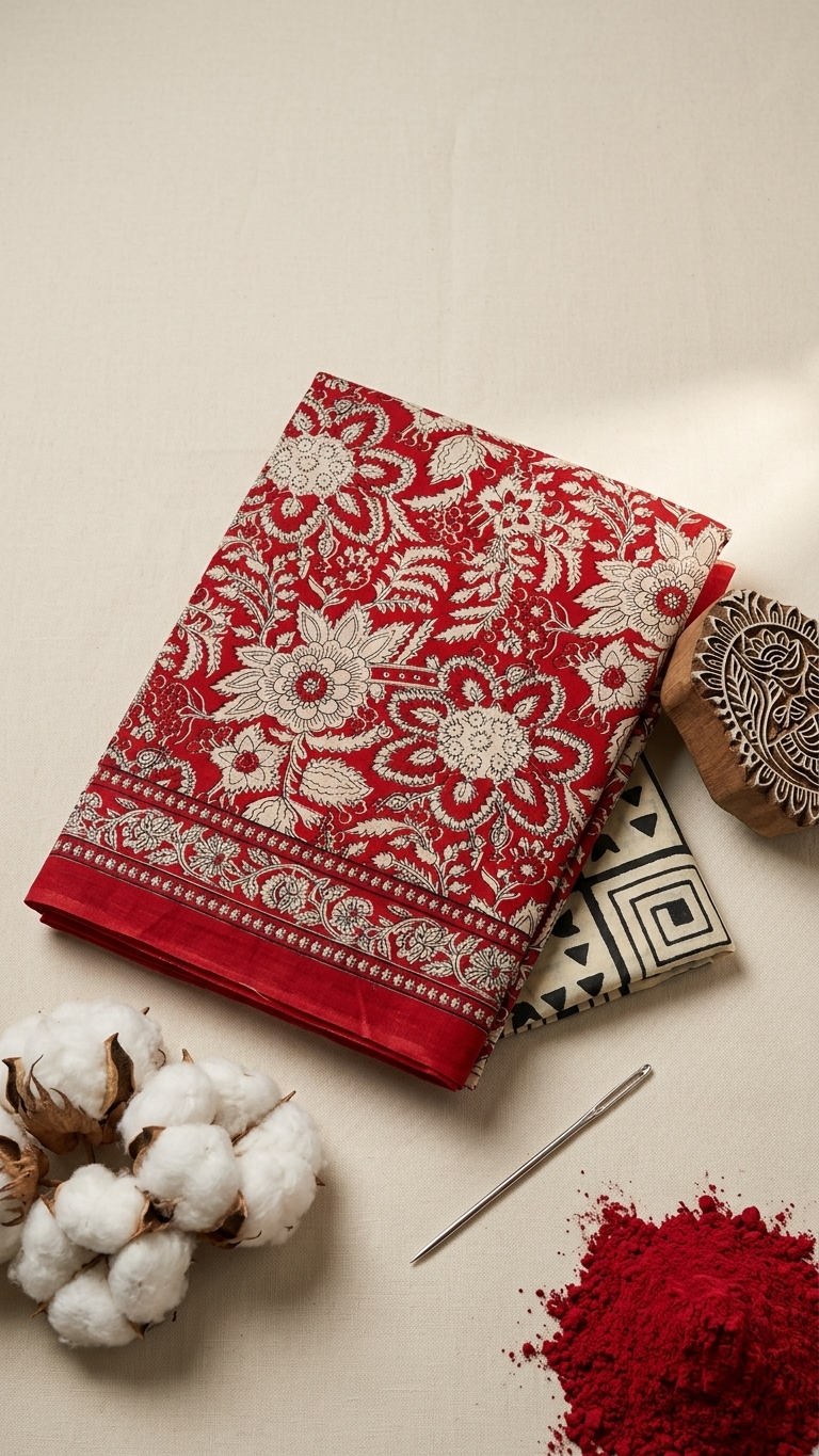 Red Handblock Printed Cotton Saree with Floral Border