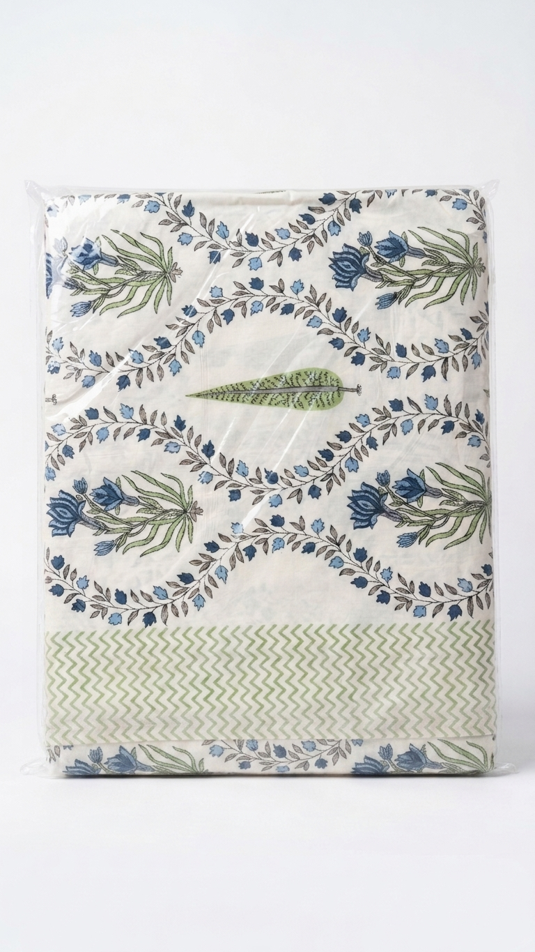 Ivory Blue & Sage Floral Vine Print Cotton Bedsheet Set