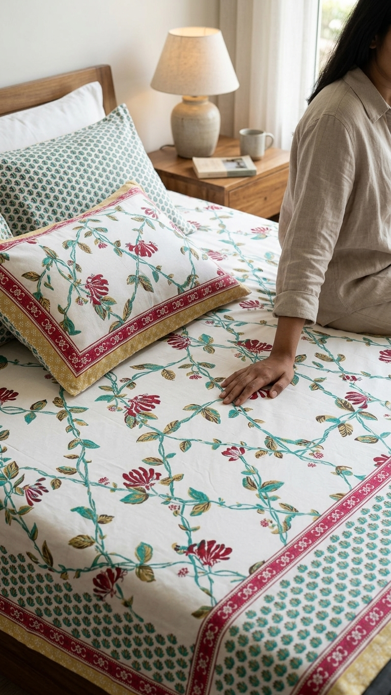 Red & Teal Floral Vine Block Print Cotton Bedsheet Set