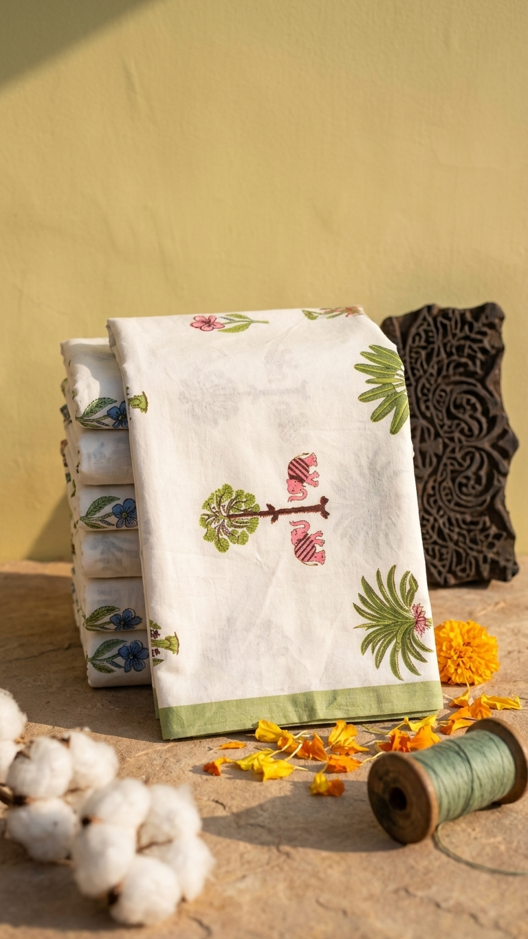 Ivory Block Print Cotton Saree with Elephant & Floral Motifs | Hand Block Printed | Green Border