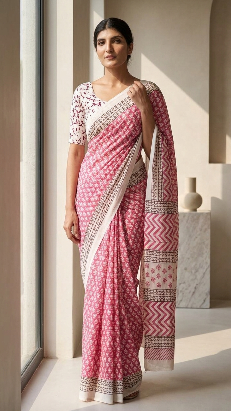 Hand Block Print Cotton Saree in Rose Pink