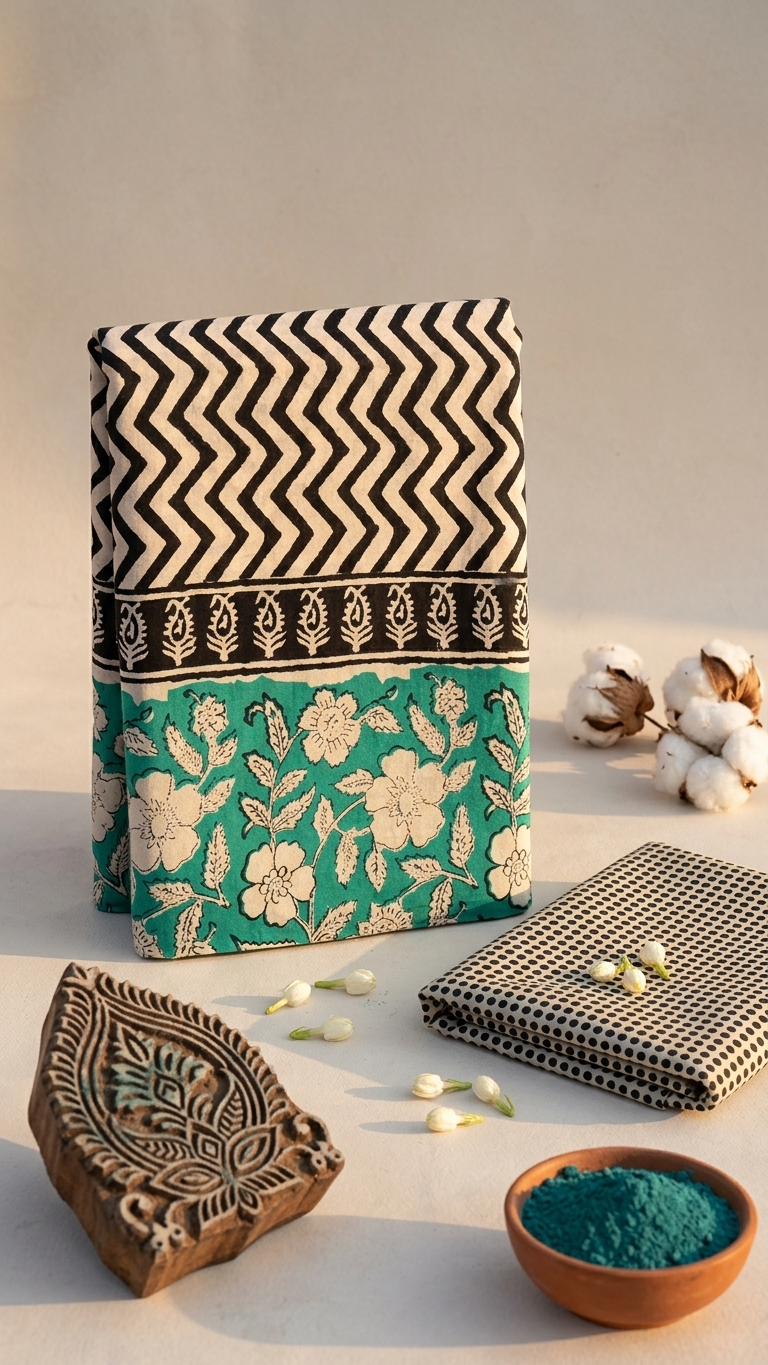 Teal Floral Handblock Printed Cotton Saree with Chevron Border