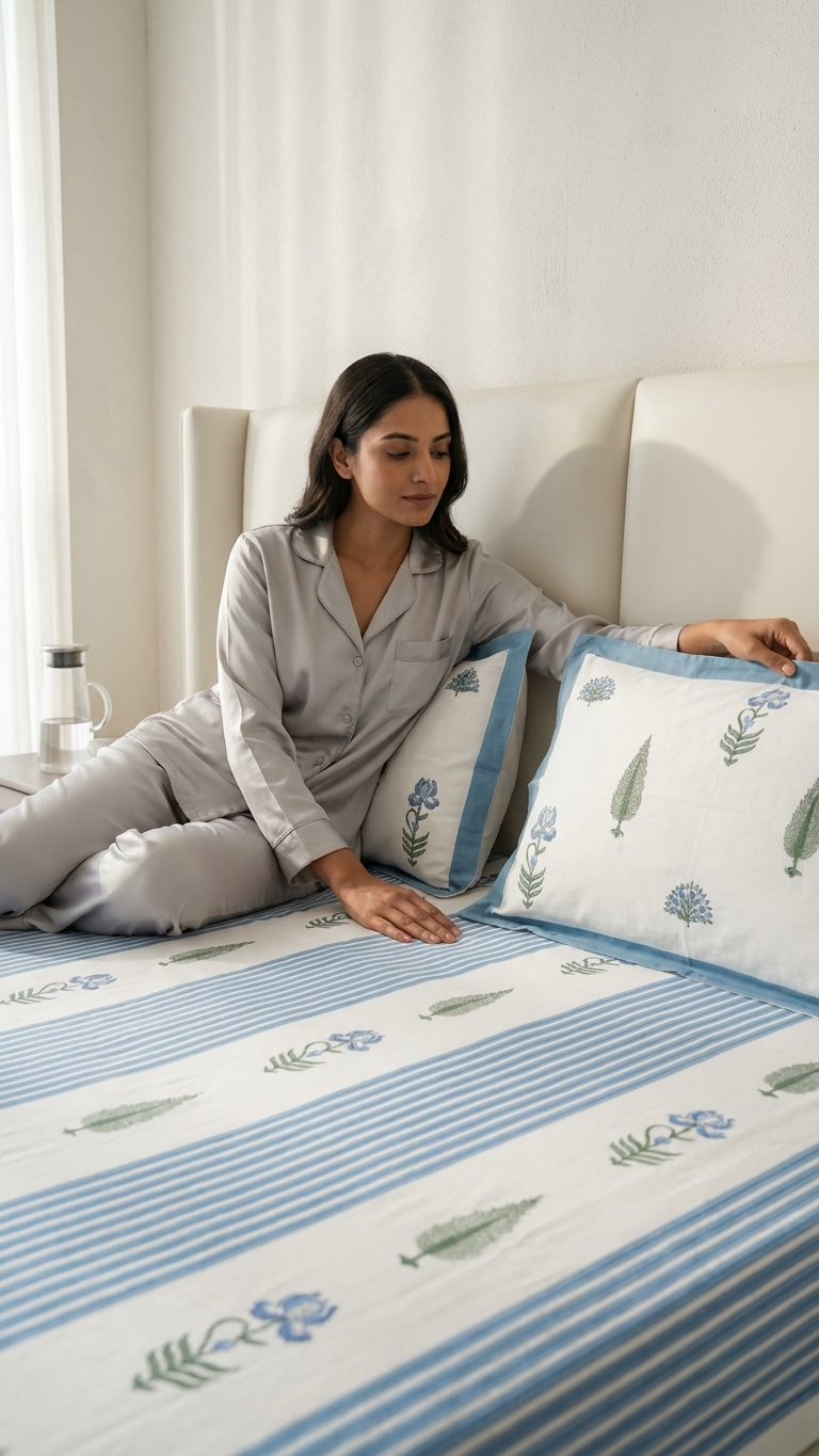 Blue Stripe Block Print Cotton Bedsheet Set
