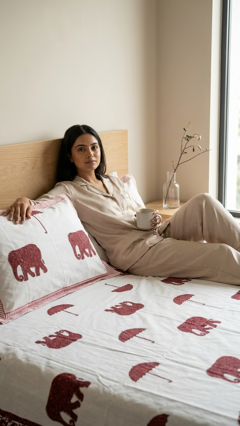 Ivory Red Elephant Bliss Cotton Bedsheet Set