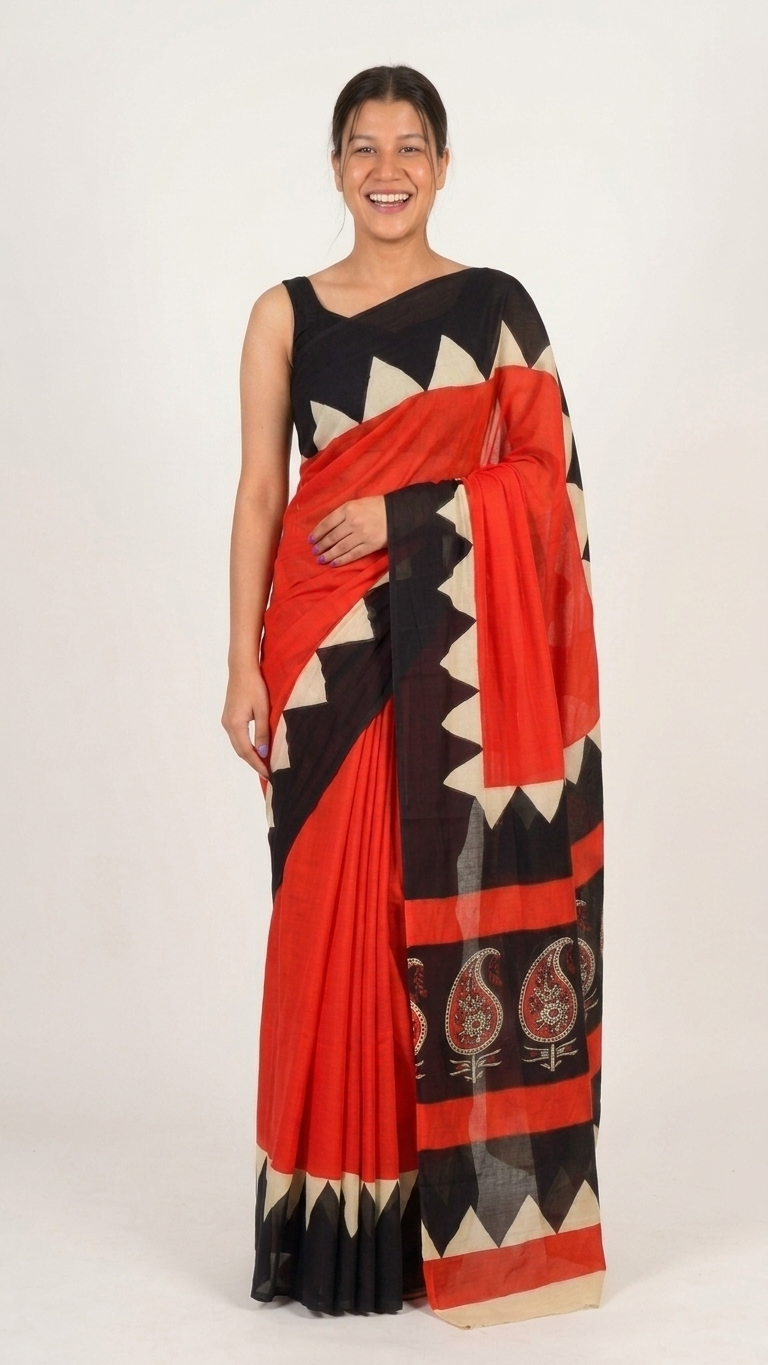 Hand Block Print Cotton Saree in Red & Black – Bold Zigzag Border with Paisley Pallu