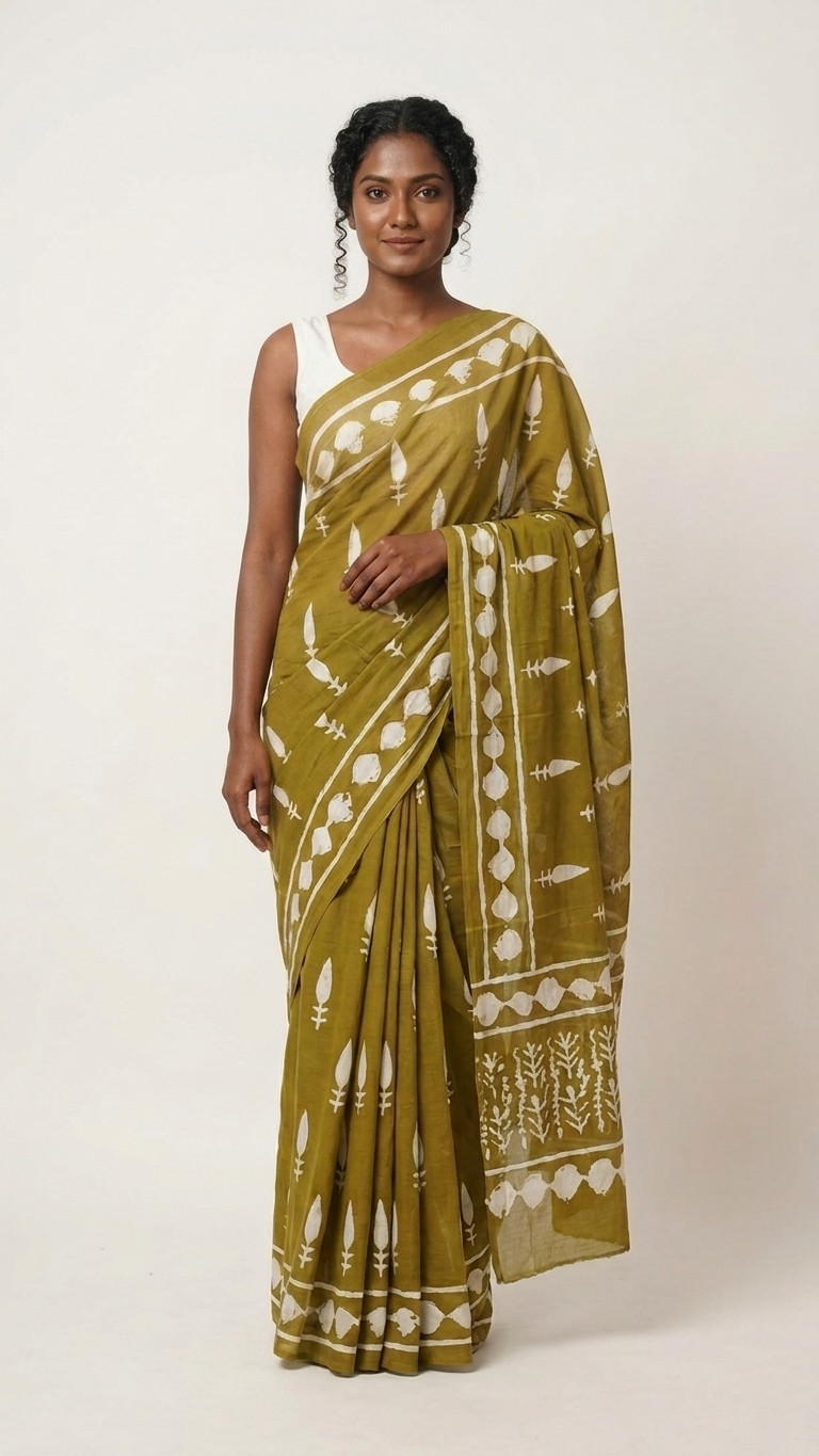 Bagru Hand Block Print Cotton Saree in Olive Green