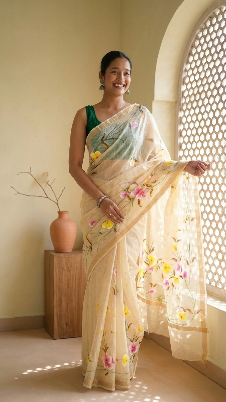 Butter Yellow Kota Saree with Hand-Painted Floral Motifs