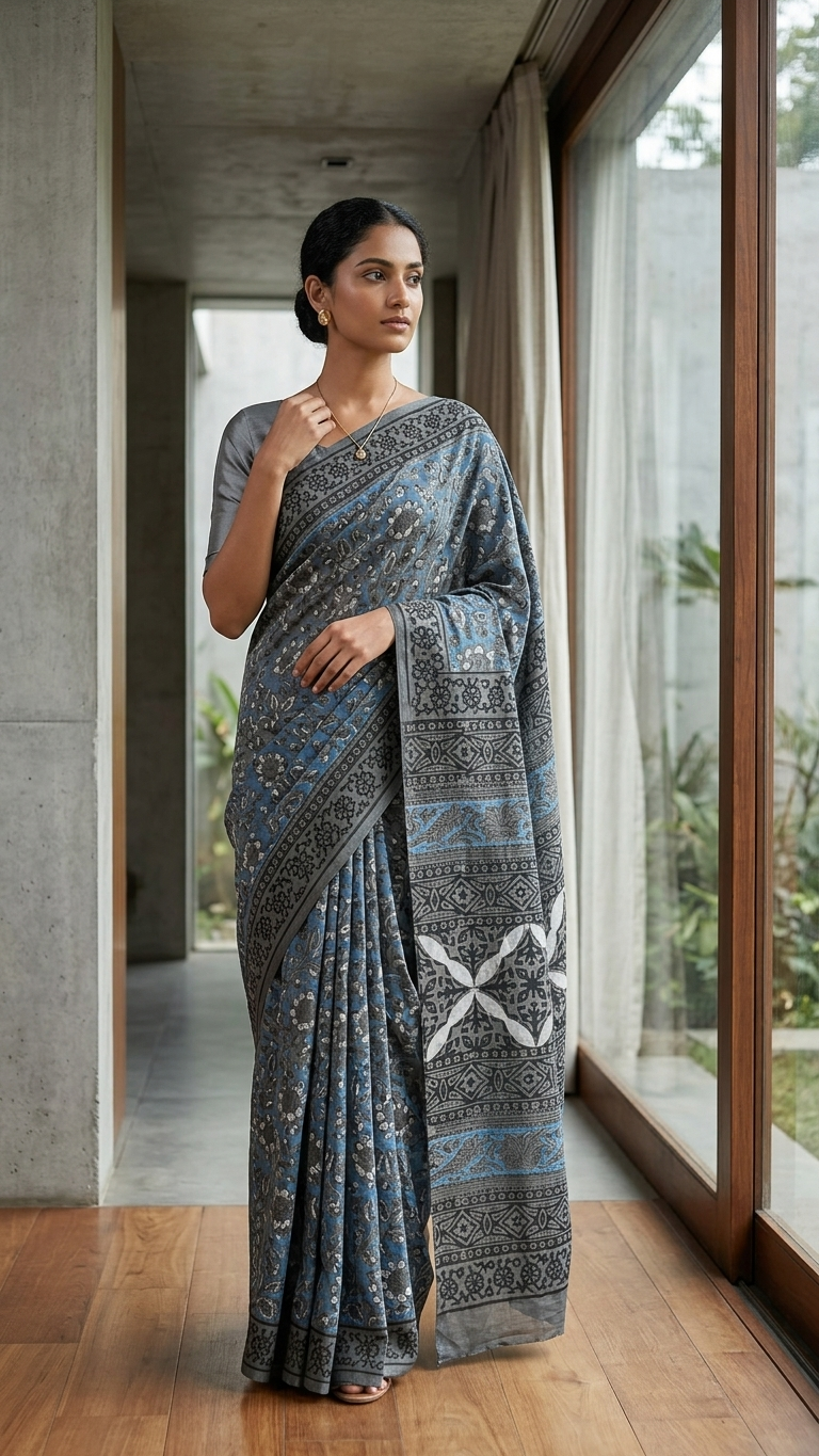 Steel Blue Floral Print Mul Cotton Saree
