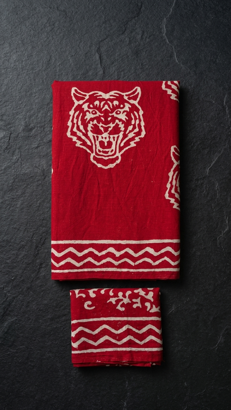 Red Handblock Printed Cotton Saree with White Tiger Motif