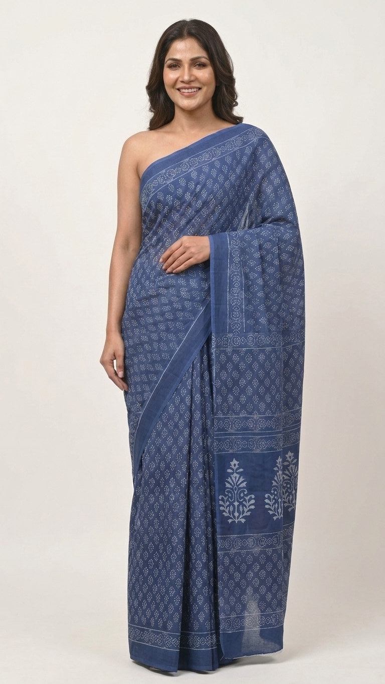 Indigo Hand Block Print Cotton Saree