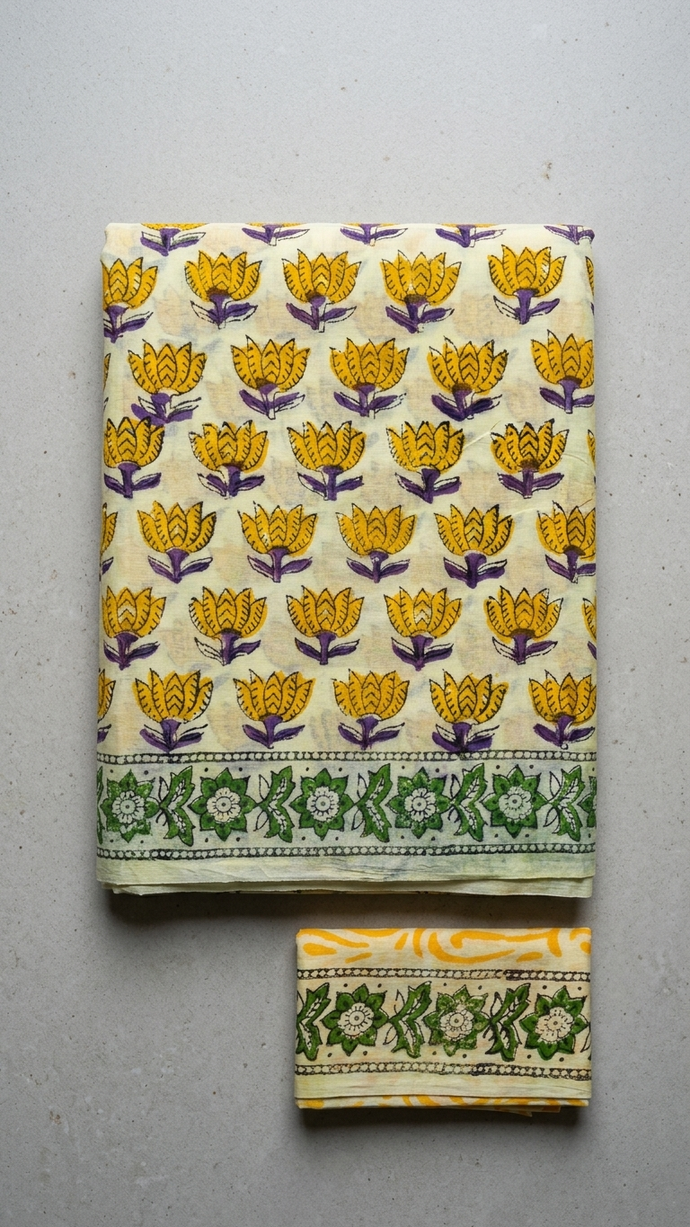 Ivory Yellow Floral Handblock Printed Cotton Saree with Green Border